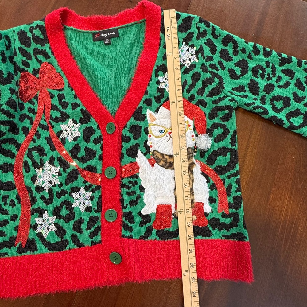 33 Degrees Womens Christmas Cat Cardigan Sweater M Green Leopard Sequin Holiday - Picture 9 of 9